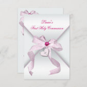 Invitation Croix du coeur rose Filles Première communion rose (Devant / Derrière)