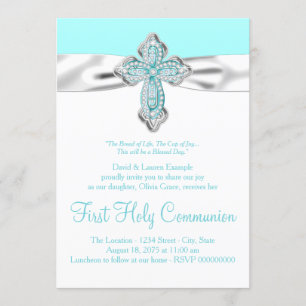 Invitation Croix du Diamant Turquoise : Première communion Tu