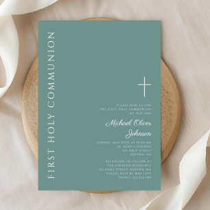 Invitation Croix du Garçon verte moderne Première communion s