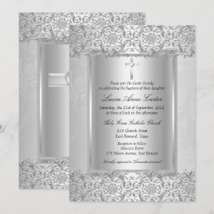 Invitation Croix élégante en damas argenté pour baptême