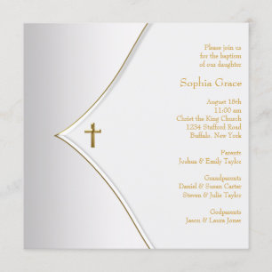 Invitation Croix élégante en or blanc pour baptême