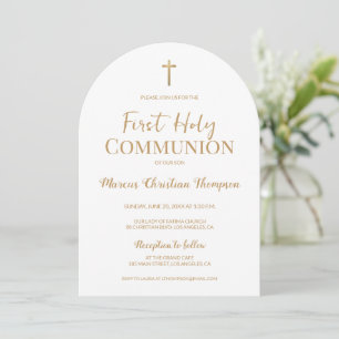 Invitation Croix élégante en or blanc pour garçon Première co