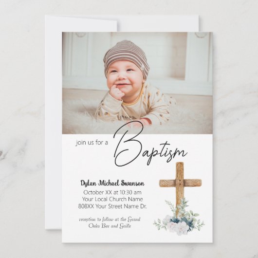 Invitation Croix en bois et photo personnalisée Baby Boy Bapt (Devant)