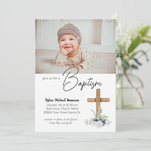 Invitation Croix en bois et photo personnalisée Baby Boy Bapt (Debout devant)