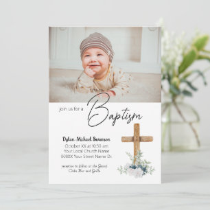 Invitation Croix en bois et photo personnalisée pour le baptê