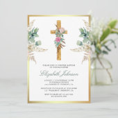 Invitation Croix en bois rustique Boho Pampas Eucalyptus Bapt (Debout devant)