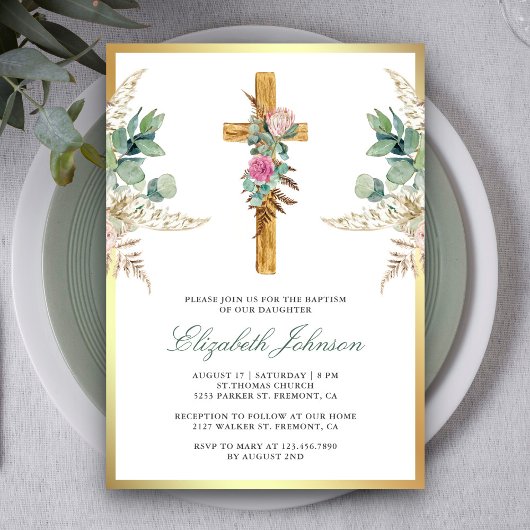Invitation Croix en bois rustique Boho Pampas Eucalyptus Bapt