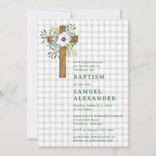 Invitation Croix en bois rustique de verdure grise de brouill (Devant)
