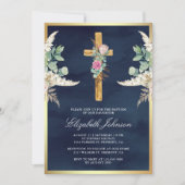 Invitation Croix en bois rustique Pampas Eucalyptus Bleu mari (Devant)