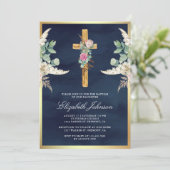 Invitation Croix en bois rustique Pampas Eucalyptus Bleu mari (Debout devant)