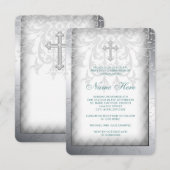 Invitation Croix en Damas Blanc Élégant pour la Première Comm (Devant / Derrière)