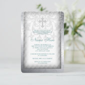 Invitation Croix en Damas Blanc Élégant pour la Première Comm (Debout devant)