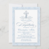 Invitation Croix en Damas Bleu Baptême (Devant)