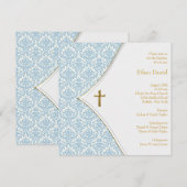 Invitation Croix en damas bleu pour baptême de garçon (Devant / Derrière)