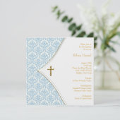 Invitation Croix en damas bleu pour baptême de garçon (Debout devant)