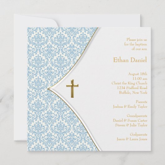 Invitation Croix en damas bleu pour baptême de garçon (Devant)