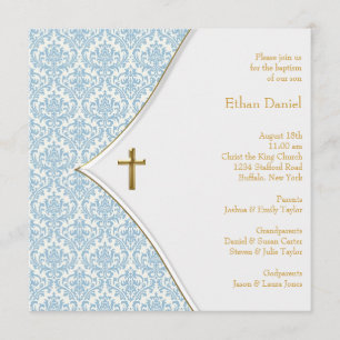 Invitation Croix en damas bleu pour baptême de garçon