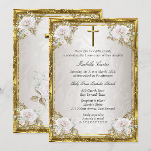Invitation Croix en Damas de Perle Beige Or Rose pour Communi