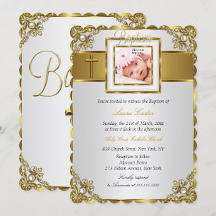 Invitation Croix en Damas Or Photo Baptême Christening