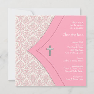 Invitation Croix en Damas Rose Fille Baptême Christening