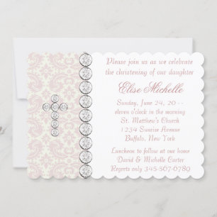 Invitation Croix en damas rose ivoire pour baptême de bébé fi