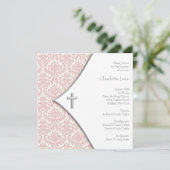 Invitation Croix en damas rose pour baptême de filles (Debout devant)