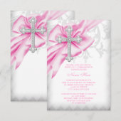 Invitation Croix en damas rose Première Communion (Devant / Derrière)