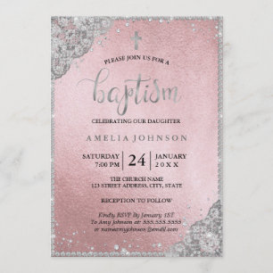 Invitation Croix en dentelle de diamant en or rose argenté po