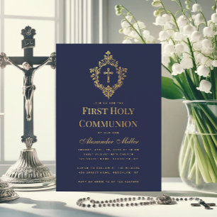 Invitation Croix en faux or en forme de blason pour la premiè
