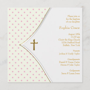 Invitation Croix en or blanc rose pour baptême de bébé fille