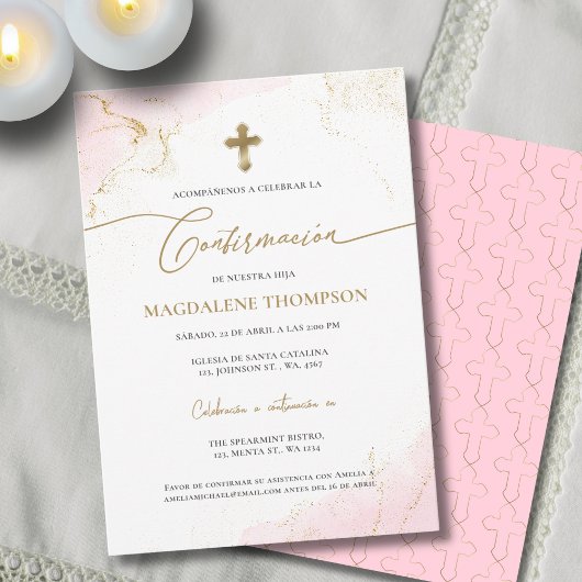 Invitation Croix en or rose Confirmation de fille Confirmacio