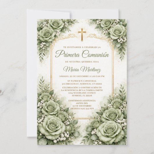 Invitation Croix espagnole de première communion florale vert (Devant)