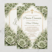 Invitation Croix espagnole de première communion florale vert (Devant / Derrière)