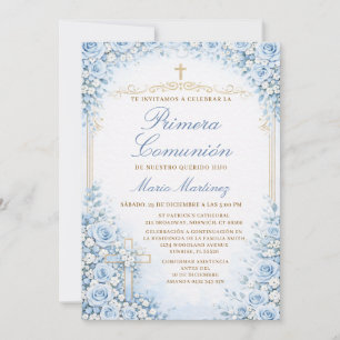Invitation Croix espagnole florale bleue pour garçon Primera