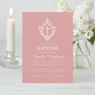 Invitation Croix et blason de baptême de fille rose poussiére
