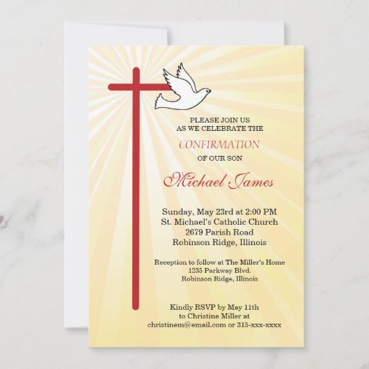 Invitation Croix et Colombe Rayons Dorés Fils Confirmation (Devant)