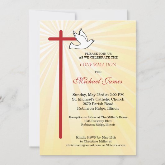 Invitation Croix et Colombe Rayons Dorés Garçons Confirmation (Devant)