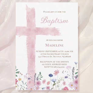 Invitation Croix et fleurs de l'aquarelle rose du baptême