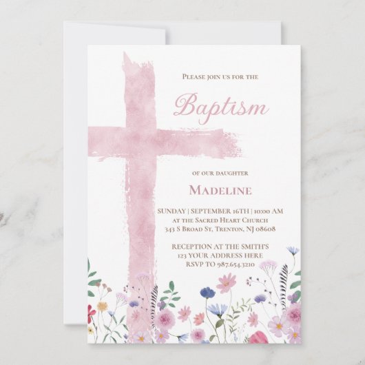 Invitation Croix et fleurs de l'aquarelle rose du baptême (Devant)