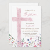 Invitation Croix et fleurs de l'aquarelle rose du baptême (Devant / Derrière)
