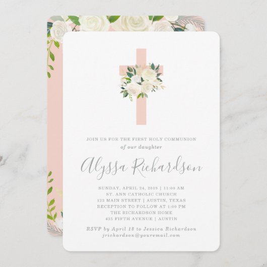 Invitation Croix et fleurs rose pâle Première communion saint (Devant / Derrière)
