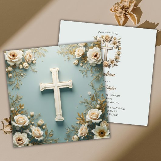 Invitation Croix et Roses blanches Baptême catholique Christe