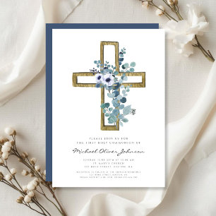 Invitation Croix eucalyptus moderne Première communion religi