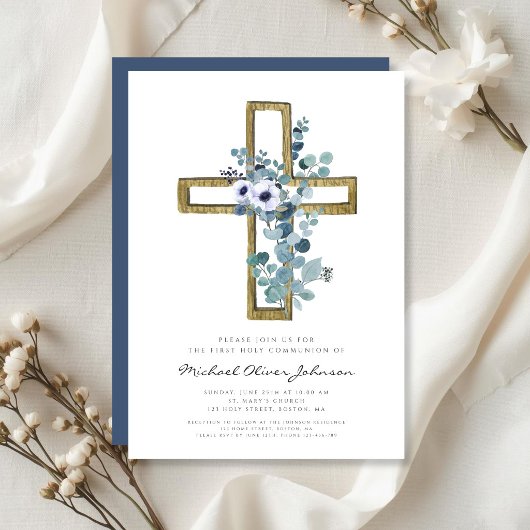 Invitation Croix eucalyptus moderne Première communion religi