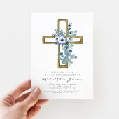 Invitation Croix eucalyptus moderne Première communion religi