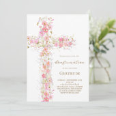 Invitation croix fleur sauvage rose Confirmation (Debout devant)