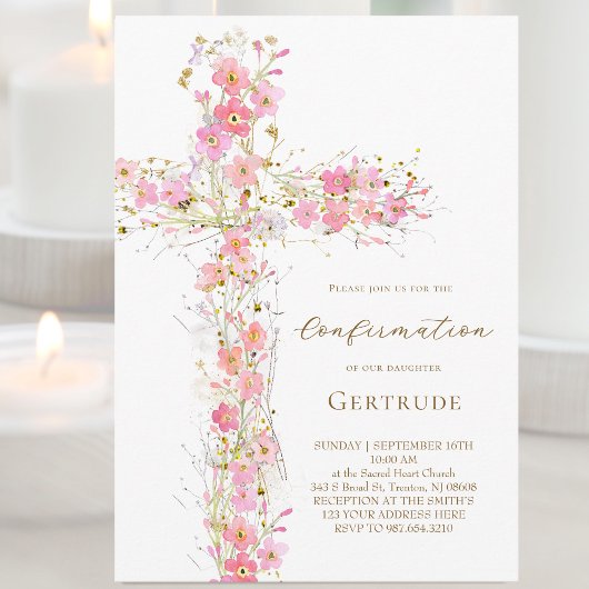 Invitation croix fleur sauvage rose Confirmation