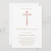 Invitation croix fleur sauvage rose | Première sainte communi (Devant / Derrière)