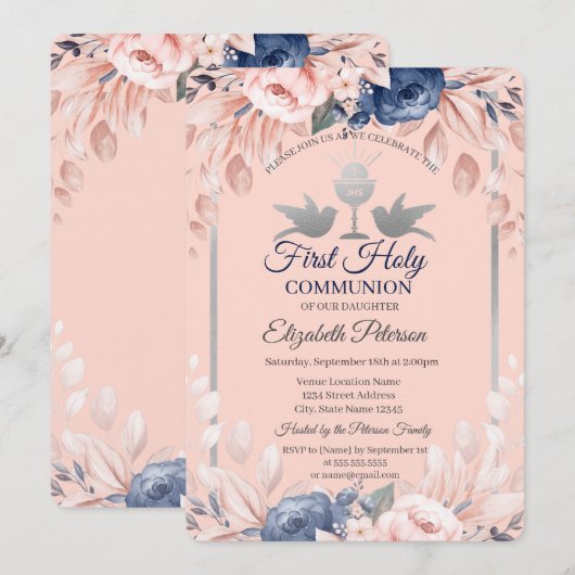 Invitation Croix Fleurs Première Communion (Devant / Derrière)