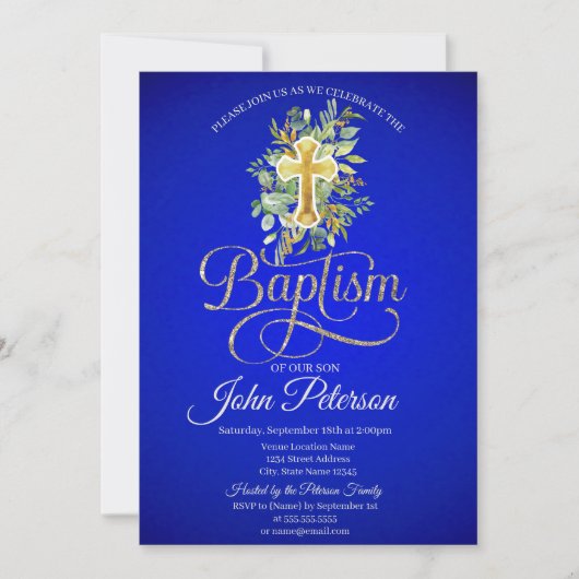 Invitation Croix florale baptême bleu royal (Devant)